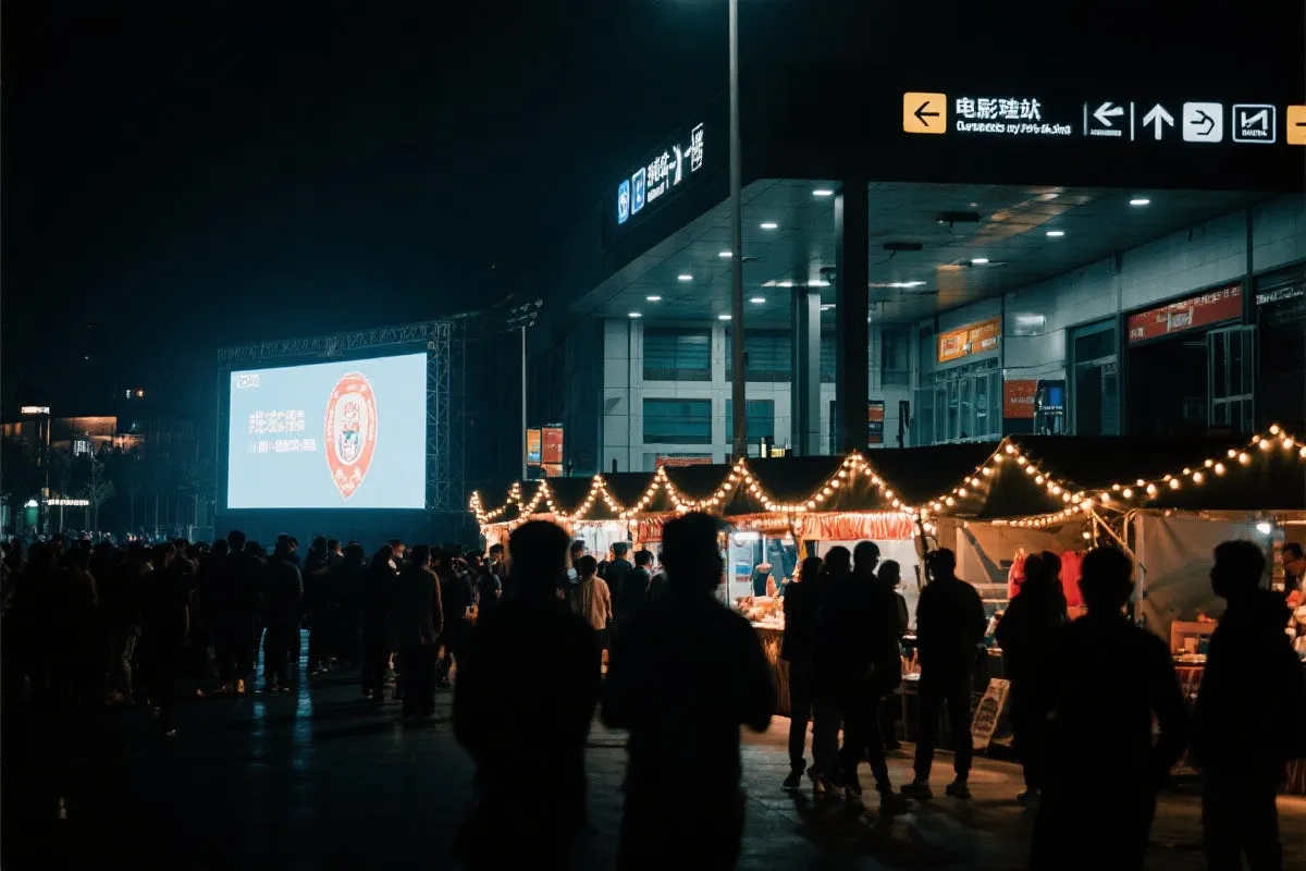 费城球迷广场夜景：大屏观赛人群、步行指示牌与公共交通入口